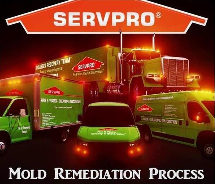 SERVPRO Logo and Vehicles with Mold Remediation Process slogan.